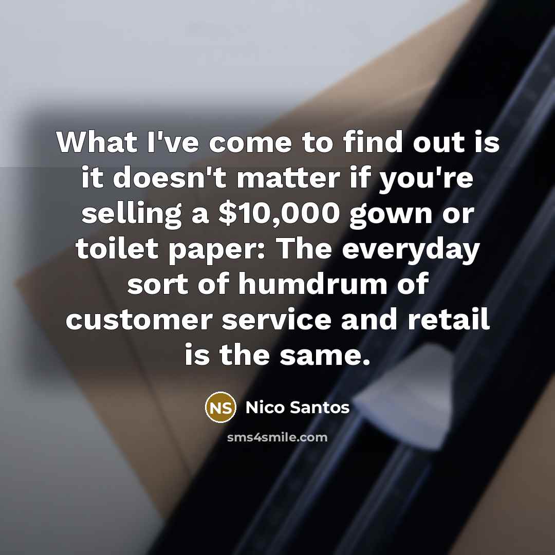 “What I've come to find out is it doesn't matter if you're selling a $10,000 gown or toilet paper: The everyday sort of humdrum of customer service and retail is the same.” quote by Nico Santos