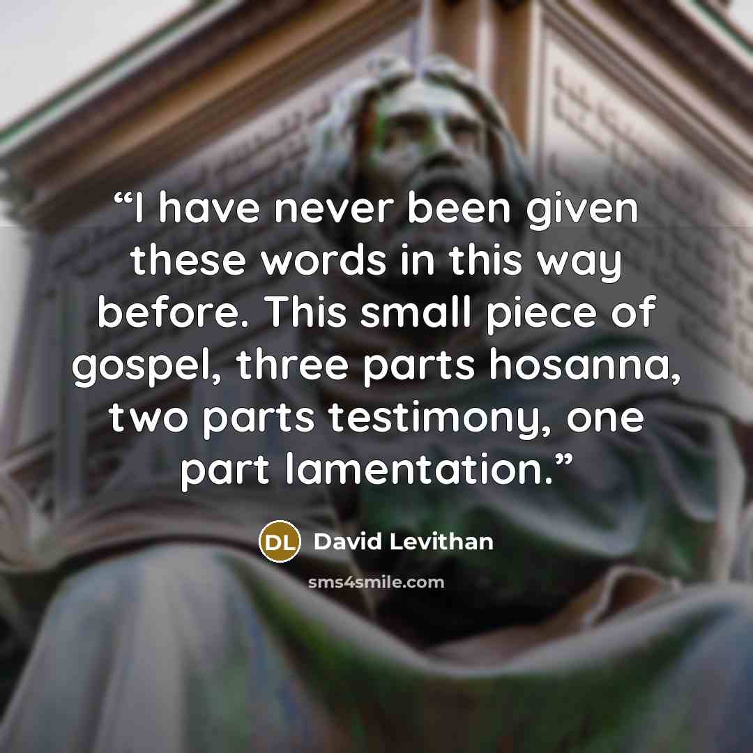 “I have never been given these words in this way before. This small piece of gospel, three parts hosanna, two parts testimony, one part lamentation.” quote by David Levithan