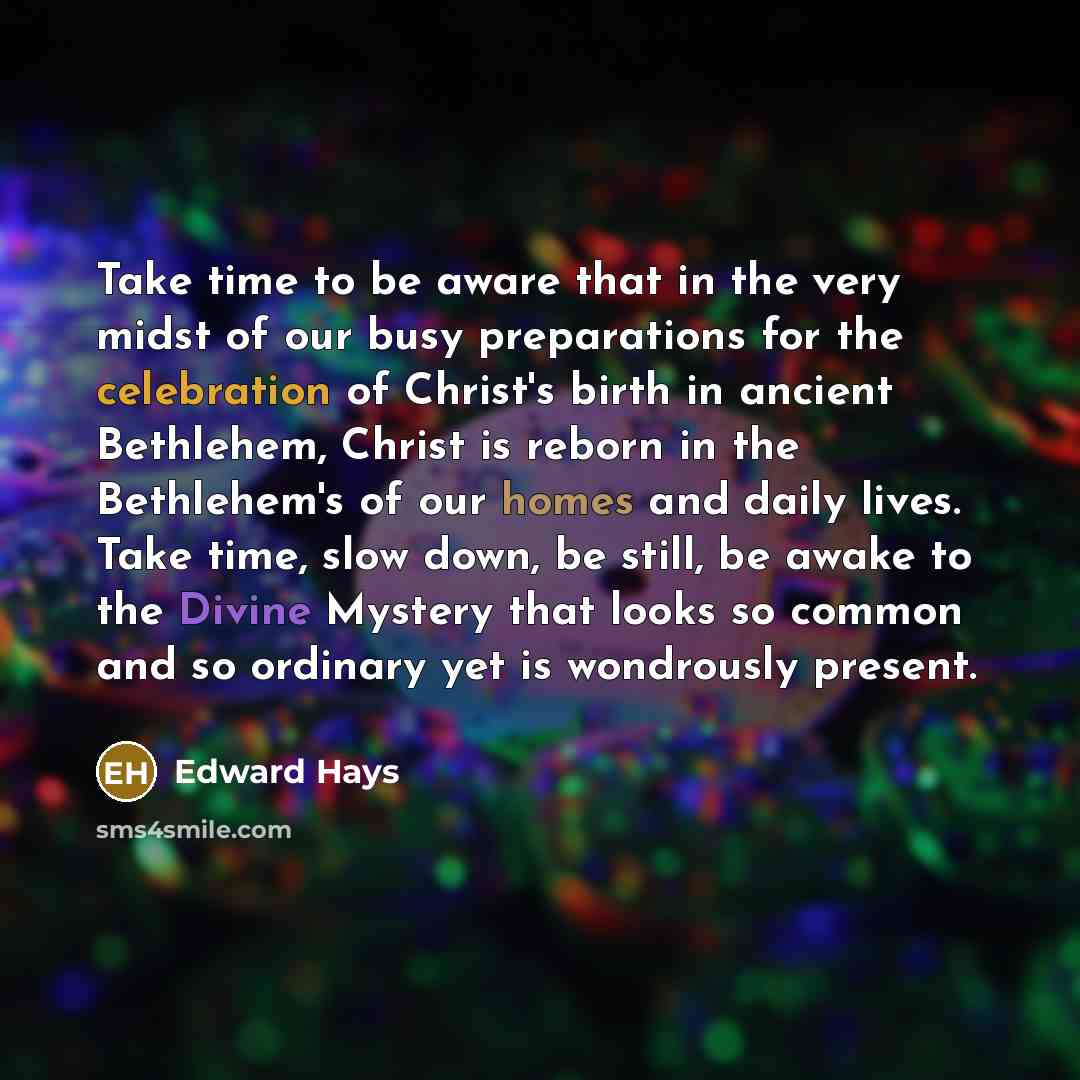 “Take time to be aware that in the very midst of our busy preparations for the celebration of Christ's birth in ancient Bethlehem, Christ is reborn in the Bethlehem's of our homes and daily lives. Take time, slow down, be still, be awake to the Divine Mystery that looks so common and so ordinary…” quote by Edward Hays