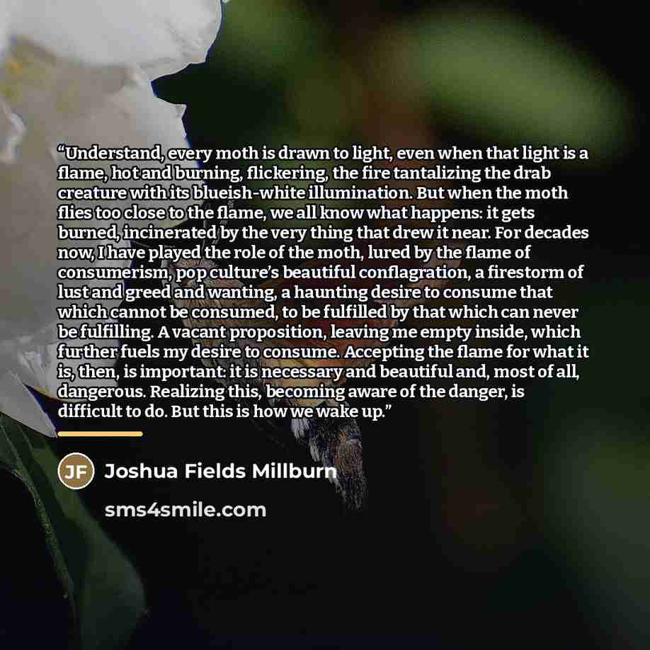“Understand, every moth is drawn to light, even when that light is a flame, hot and burning, flickering, the fire tantalizing the drab creature with its blueish-white illumination. But when the moth flies too close to the flame, we all know what happens: it gets burned, incinerated by the very…” quote by Joshua Fields Millburn