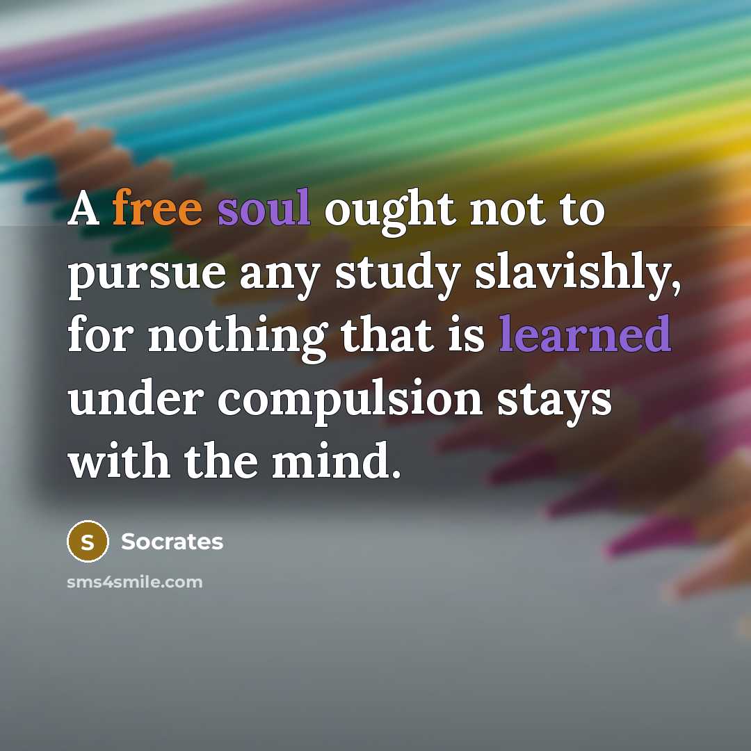 “A free soul ought not to pursue any study slavishly, for nothing that is learned under compulsion stays with the mind.” quote by Socrates