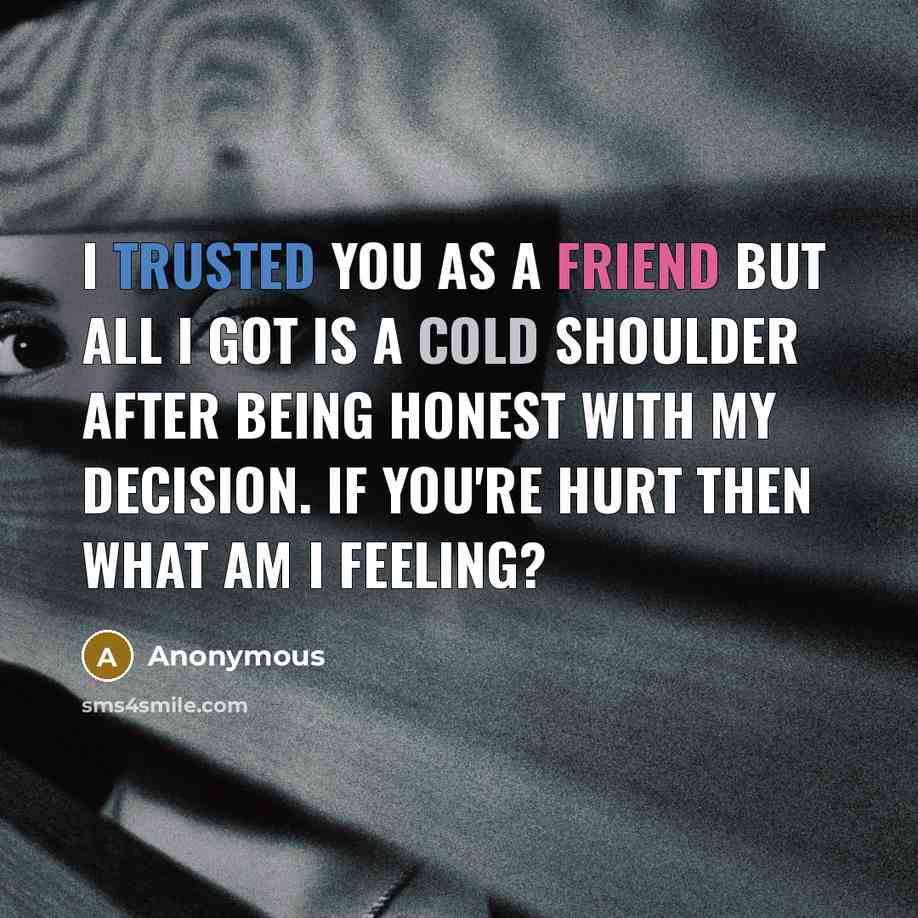 “I trusted you as a friend but all I got is a cold shoulder after being honest with my decision. If you're hurt then what am I feeling?” quote by Anonymous