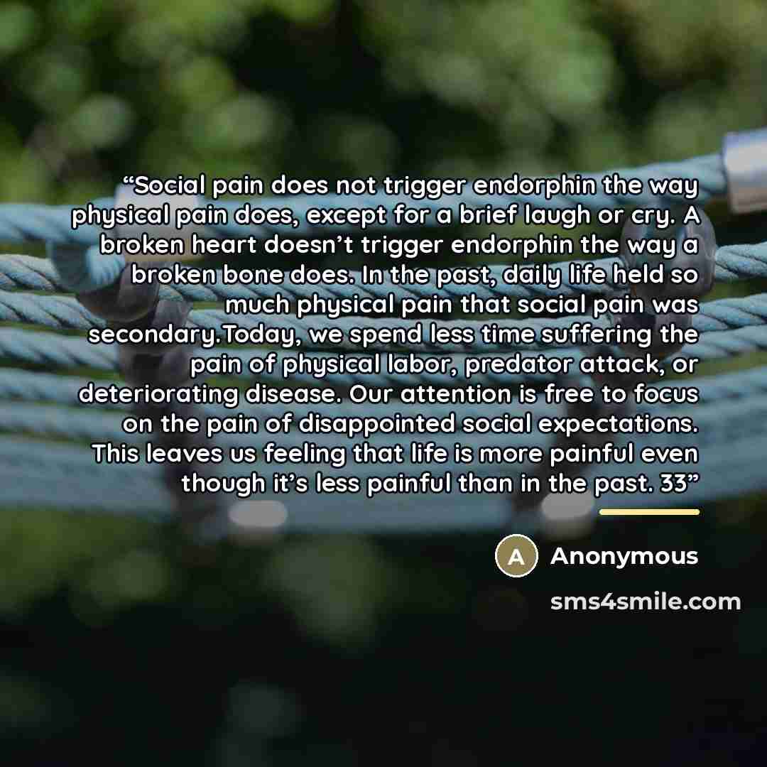 “Social pain does not trigger endorphin the way physical pain does, except for a brief laugh or cry. A broken heart doesn’t trigger endorphin the way a broken bone does. In the past, daily life held so much physical pain that social pain was secondary.Today, we spend less time suffering the pain of…” quote by Anonymous