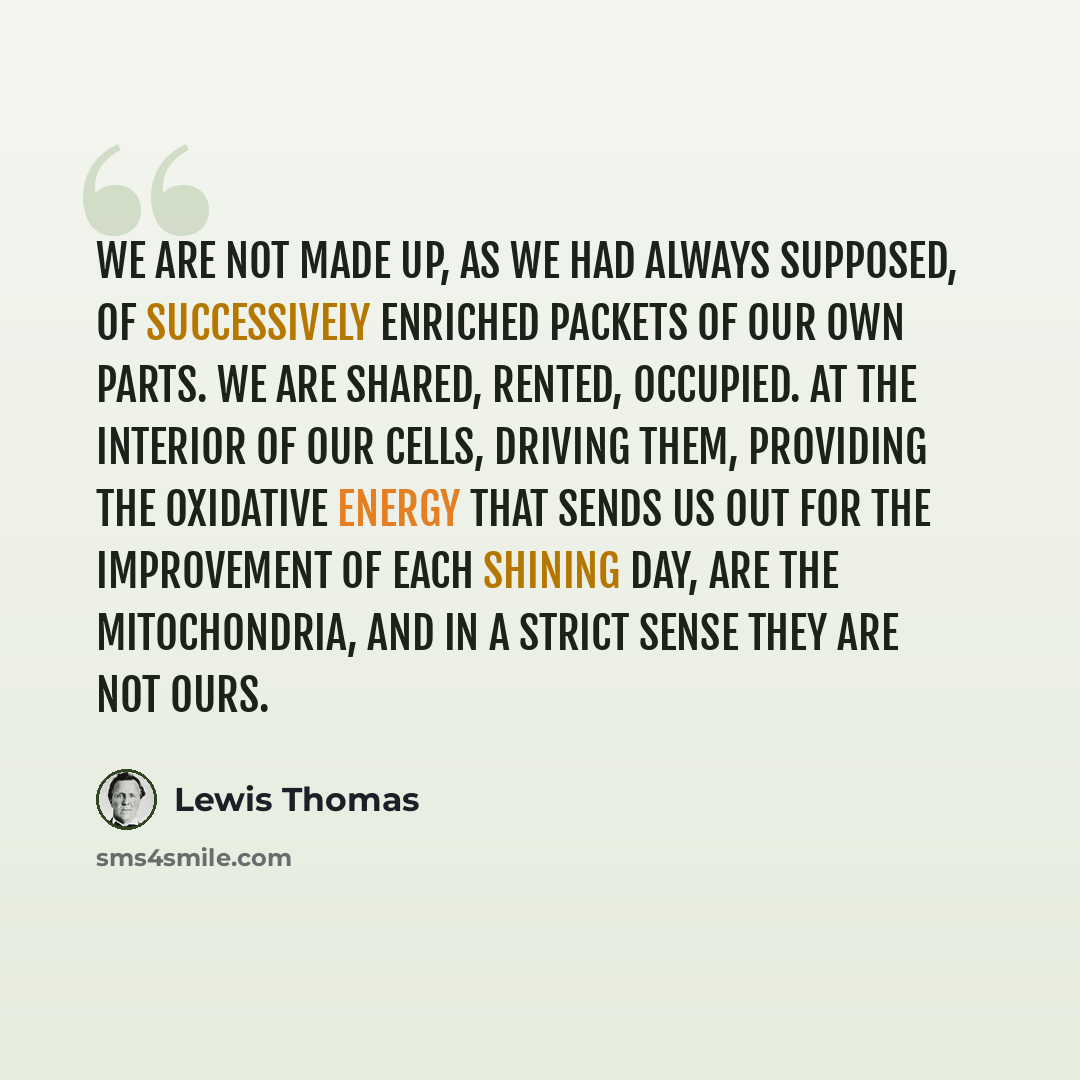 “We are not made up, as we had always supposed, of successively enriched packets of our own parts. We are shared, rented, occupied. At the interior of our cells, driving them, providing the oxidative energy that sends us out for the improvement of each shining day, are the mitochondria, and in a…” quote by Lewis Thomas