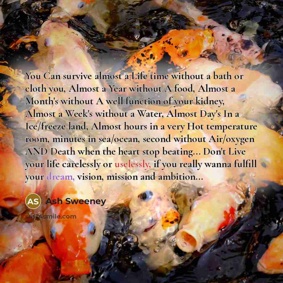 “You Can survive almost a Life time without a bath or cloth you, Almost a Year without A food, Almost a Month's without A well function of your kidney, Almost a Week's without a Water, Almost Day's In a Ice/freeze land, Almost hours in a very Hot temperature room, minutes in sea/ocean, second…” quote by Ash Sweeney