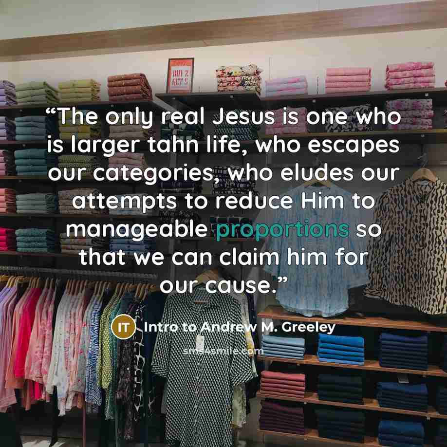 “The only real Jesus is one who is larger tahn life, who escapes our categories, who eludes our attempts to reduce Him to manageable proportions so that we can claim him for our cause.” quote by Intro to Andrew M. Greeley