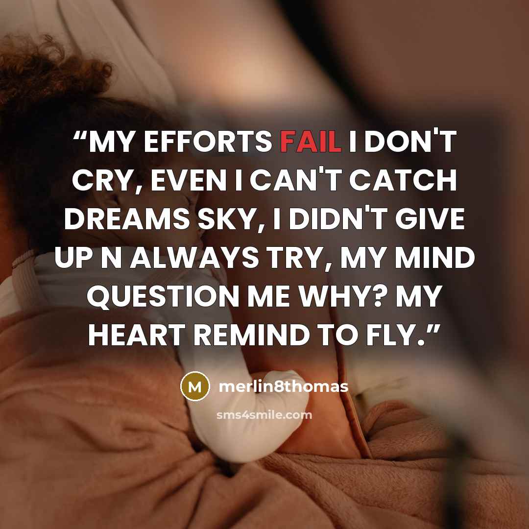 “MY EFFORTS FAIL I DON'T CRY, EVEN I CAN'T CATCH DREAMS SKY, I DIDN'T GIVE UP N ALWAYS TRY, MY MIND QUESTION ME WHY? MY HEART REMIND TO FLY.” quote by merlin8thomas