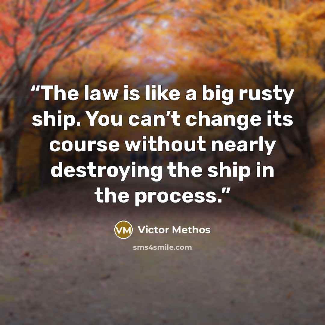 “The law is like a big rusty ship. You can’t change its course without nearly destroying the ship in the process.” quote by Victor Methos