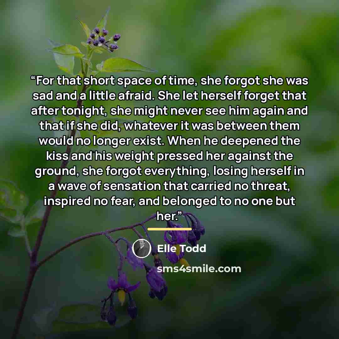 “For that short space of time, she forgot she was sad and a little afraid. She let herself forget that after tonight, she might never see him again and that if she did, whatever it was between them would no longer exist. When he deepened the kiss and his weight pressed her against the ground, she…” quote by Elle Todd