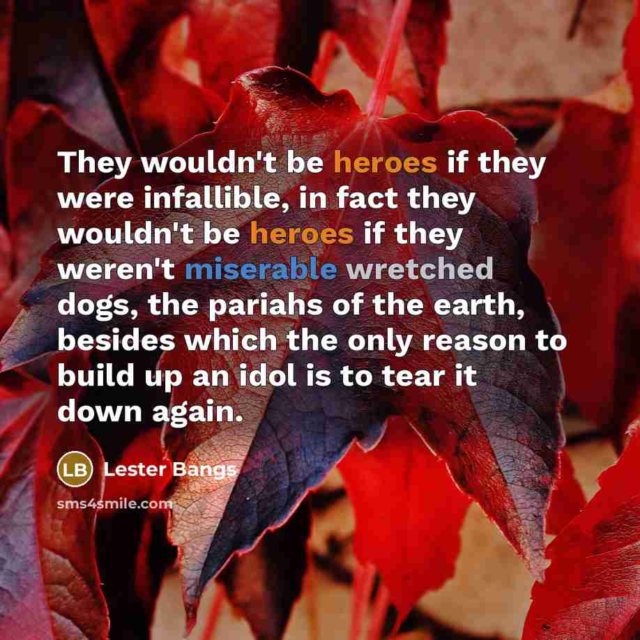 “They wouldn't be heroes if they were infallible, in fact they wouldn't be heroes if they weren't miserable wretched dogs, the pariahs of the earth, besides which the only reason to build up an idol is to tear it down again.” quote by Lester Bangs