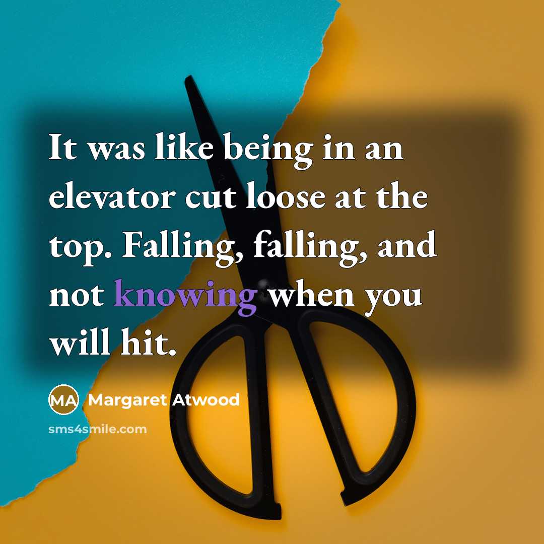 “It was like being in an elevator cut loose at the top. Falling, falling, and not knowing when you will hit.” quote by Margaret Atwood