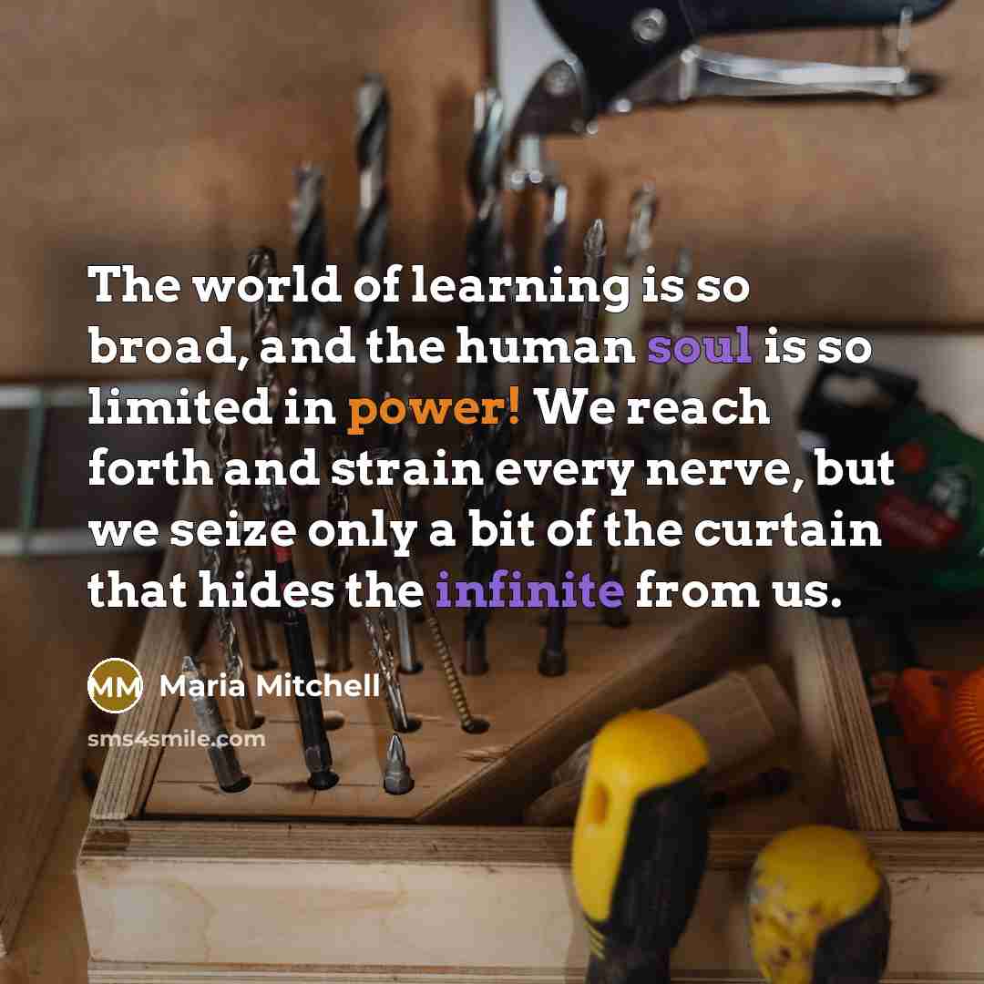 “The world of learning is so broad, and the human soul is so limited in power! We reach forth and strain every nerve, but we seize only a bit of the curtain that hides the infinite from us.” quote by Maria Mitchell