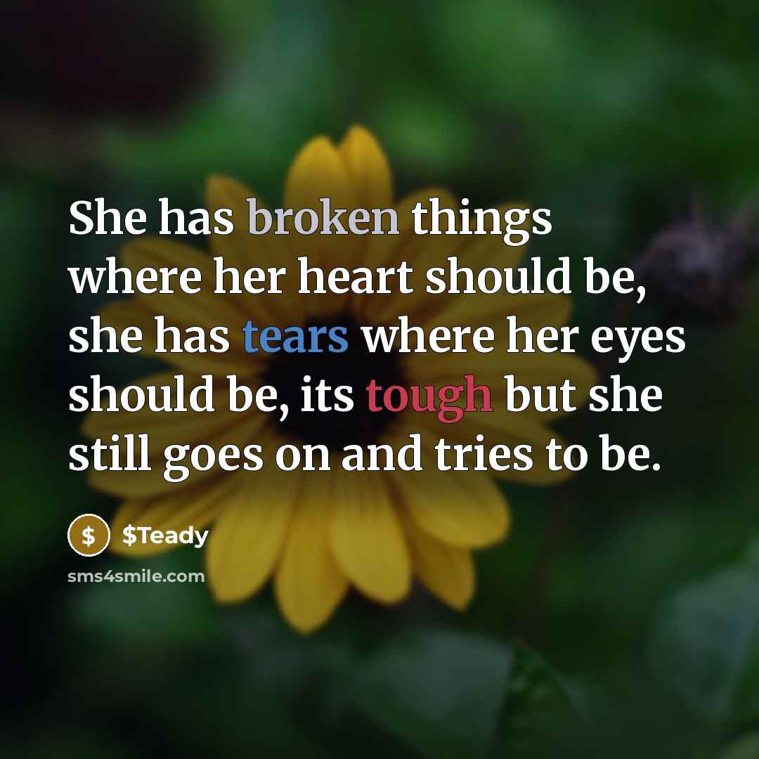 “She has broken things where her heart should be, she has tears where her eyes should be, its tough but she still goes on and tries to be.” quote by $Teady