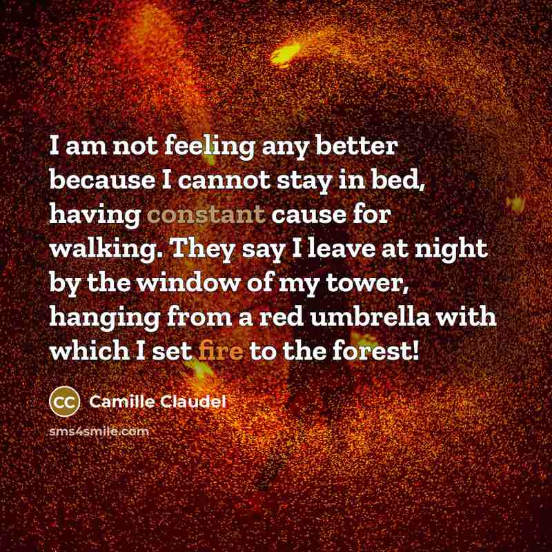 “I am not feeling any better because I cannot stay in bed, having constant cause for walking. They say I leave at night by the window of my tower, hanging from a red umbrella with which I set fire to the forest!” quote by Camille Claudel