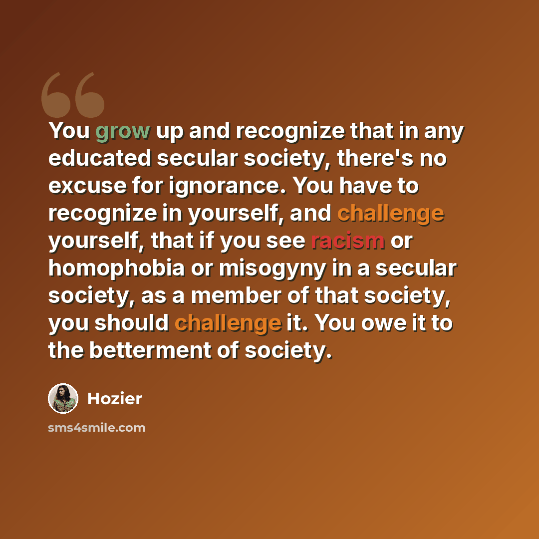 “You grow up and recognize that in any educated secular society, there's no excuse for ignorance. You have to recognize in yourself, and challenge yourself, that if you see racism or homophobia or misogyny in a secular society, as a member of that society, you should challenge it. You owe it to the…” quote by Hozier