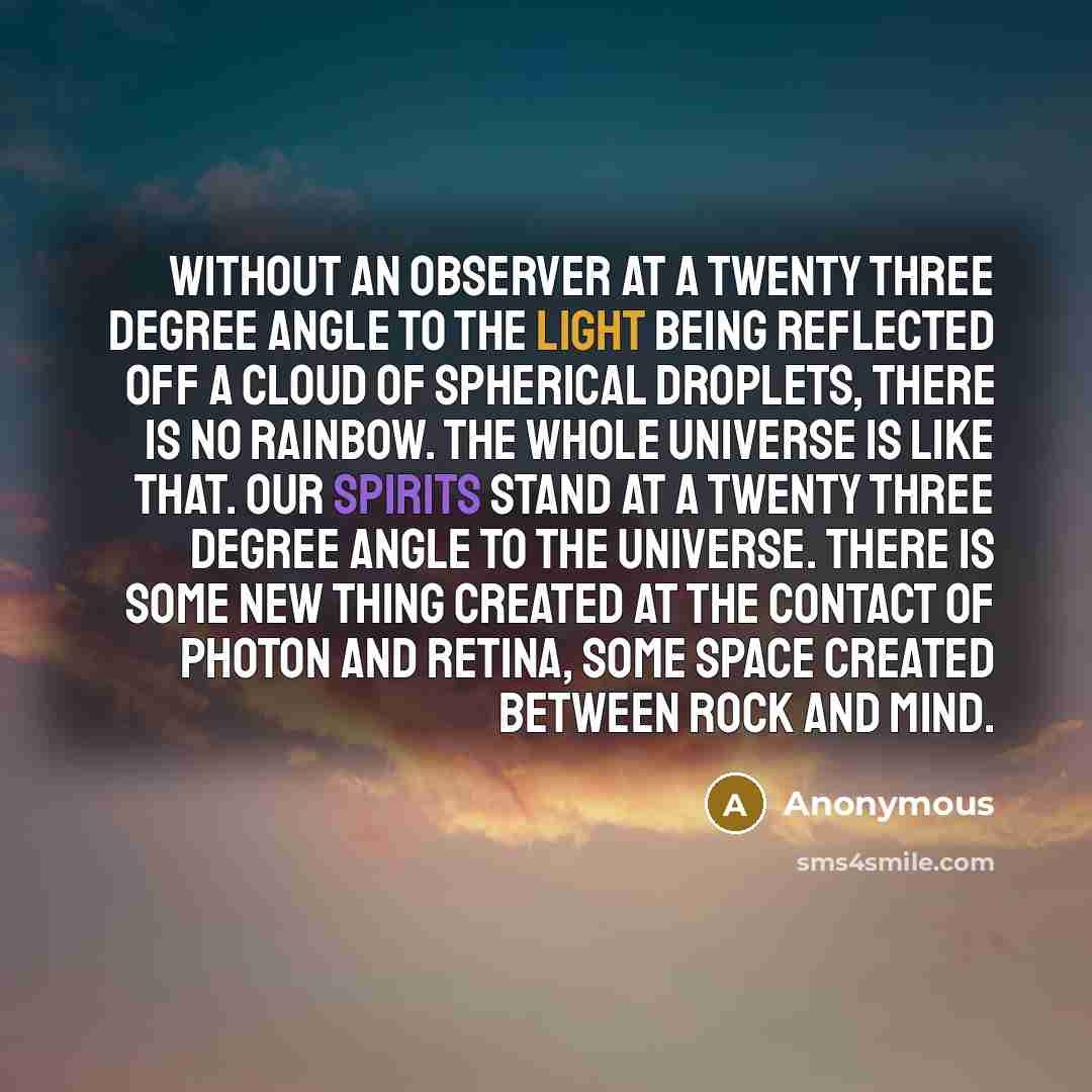 “Without an observer at a twenty three degree angle to the light being reflected off a cloud of spherical droplets, there is no rainbow. The whole universe is like that. Our spirits stand at a twenty three degree angle to the universe. There is some new thing created at the contact of photon and…” quote by Anonymous