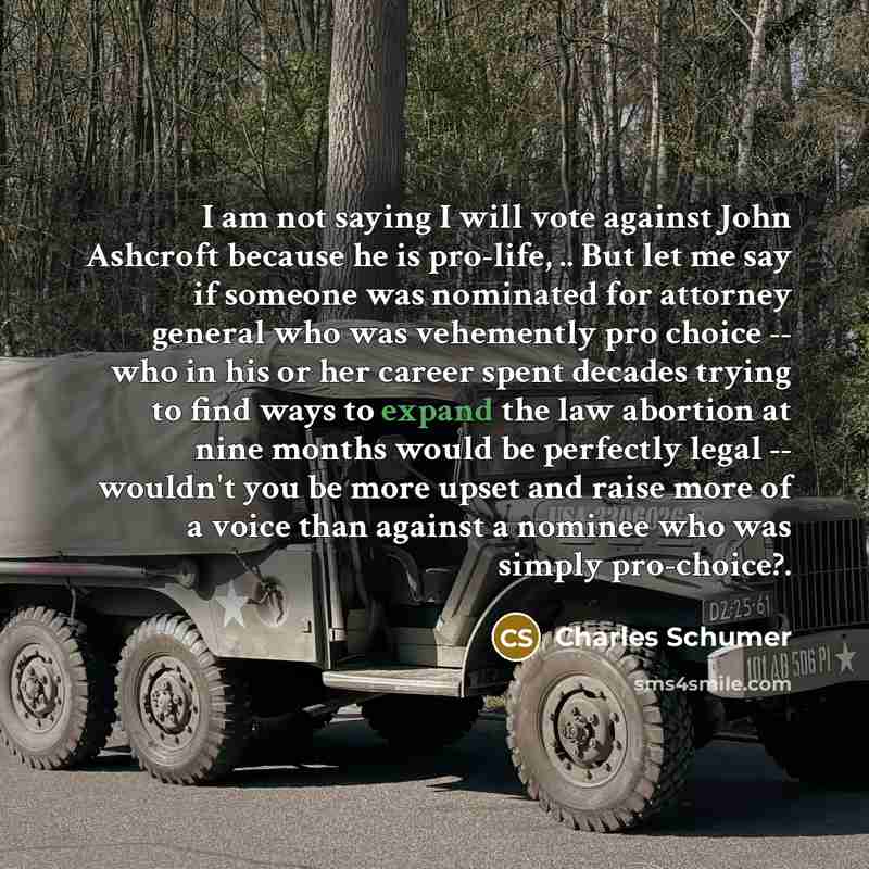 “I am not saying I will vote against John Ashcroft because he is pro-life, .. But let me say if someone was nominated for attorney general who was vehemently pro choice -- who in his or her career spent decades trying to find ways to expand the law abortion at nine months would be perfectly legal…” quote by Charles Schumer