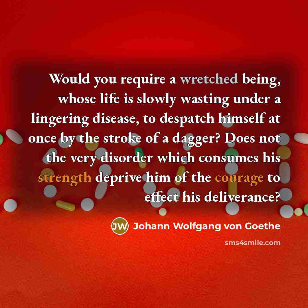 “Would you require a wretched being, whose life is slowly wasting under a lingering disease, to despatch himself at once by the stroke of a dagger? Does not the very disorder which consumes his strength deprive him of the courage to effect his deliverance?” quote by Johann Wolfgang von Goethe