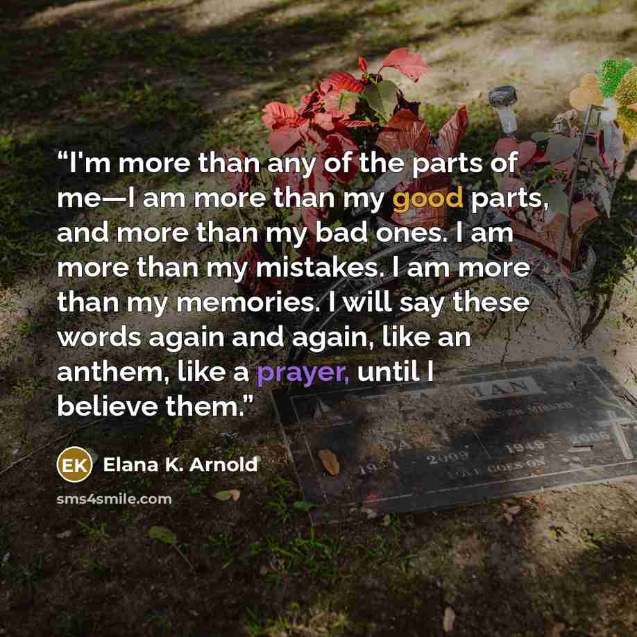 “I'm more than any of the parts of me—I am more than my good parts, and more than my bad ones. I am more than my mistakes. I am more than my memories. I will say these words again and again, like an anthem, like a prayer, until I believe them.” quote by Elana K. Arnold