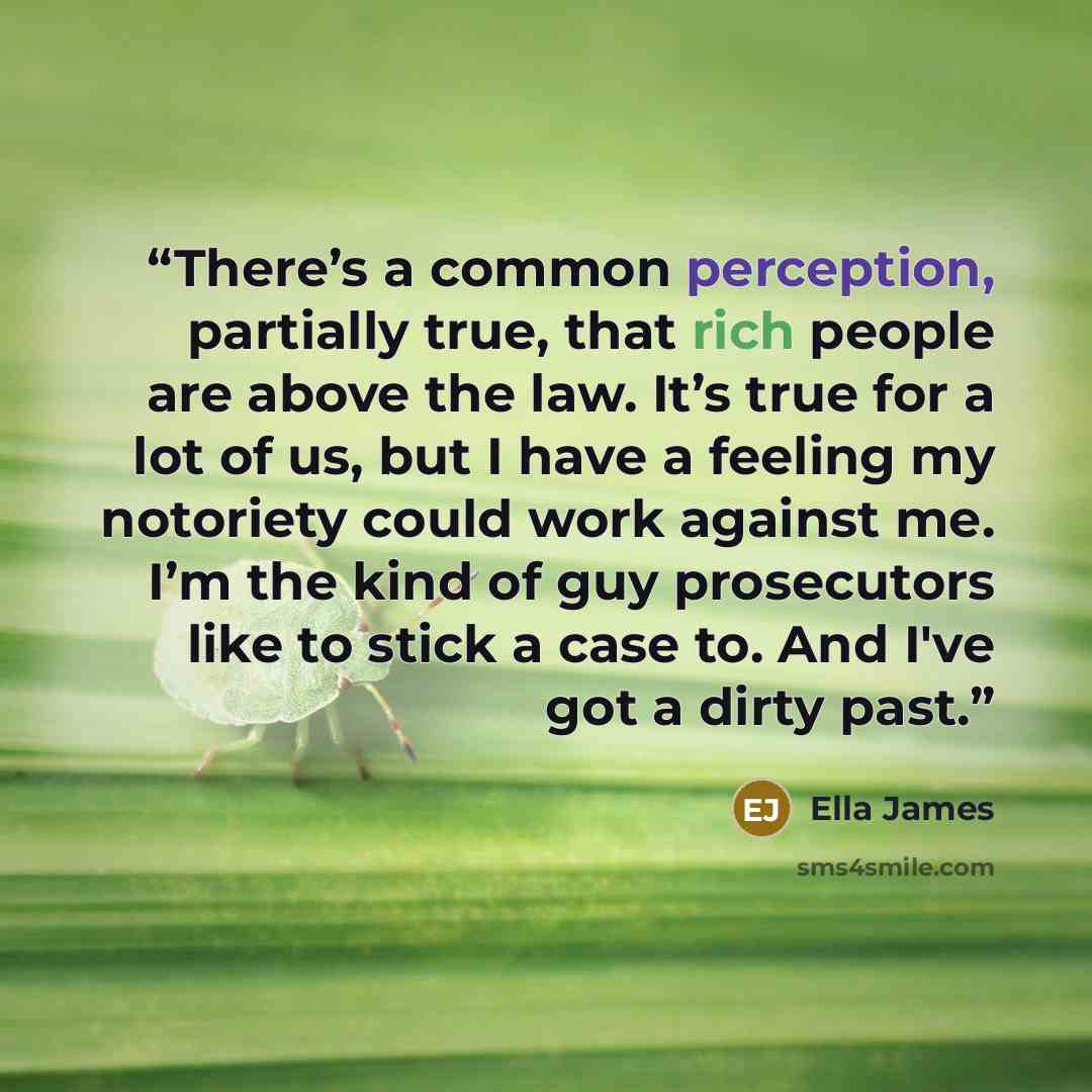 “There’s a common perception, partially true, that rich people are above the law. It’s true for a lot of us, but I have a feeling my notoriety could work against me. I’m the kind of guy prosecutors like to stick a case to. And I've got a dirty past.” quote by Ella James