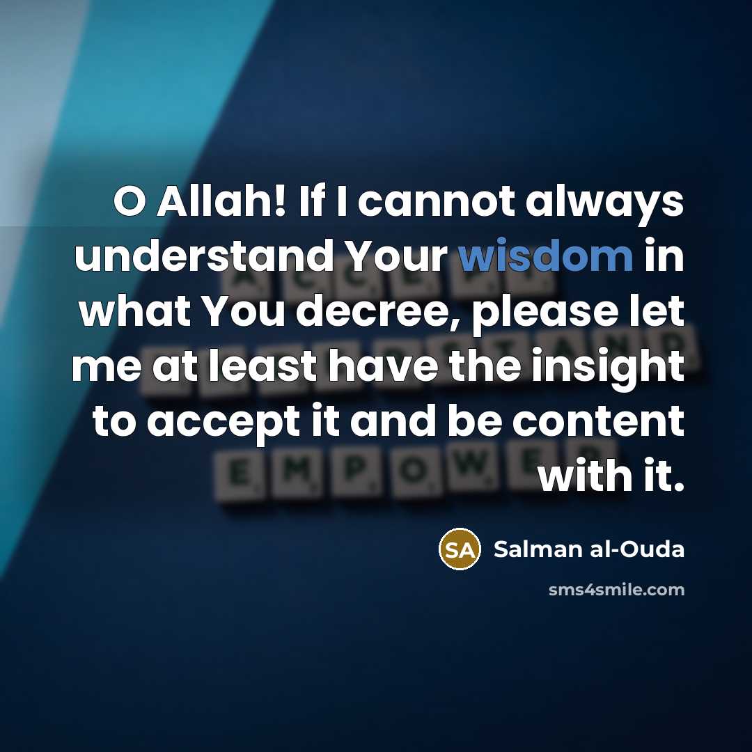 “O Allah! If I cannot always understand Your wisdom in what You decree, please let me at least have the insight to accept it and be content with it.” quote by Salman al-Ouda
