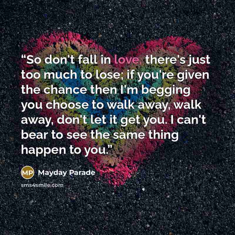 “So don't fall in love, there's just too much to lose; if you're given the chance then I'm begging you choose to walk away, walk away, don't let it get you. I can't bear to see the same thing happen to you.” quote by Mayday Parade