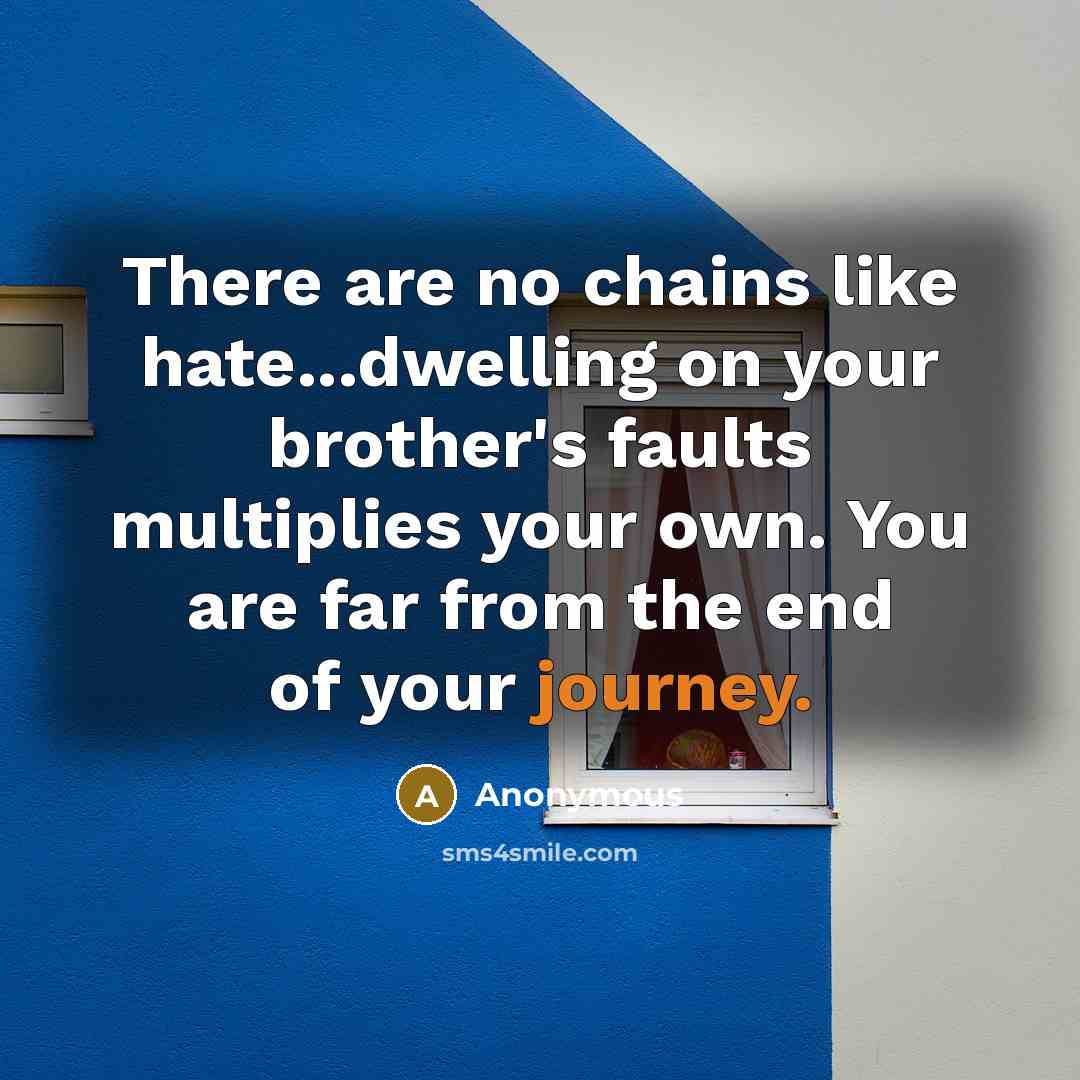 “There are no chains like hate...dwelling on your brother's faults multiplies your own. You are far from the end of your journey.” quote by Anonymous