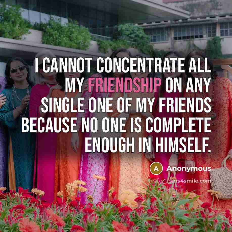 “I cannot concentrate all my friendship on any single one of my friends because no one is complete enough in himself.” quote by Anonymous
