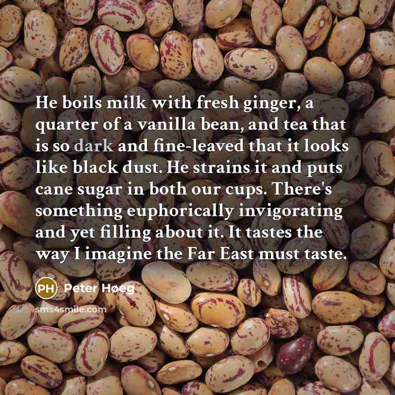 “He boils milk with fresh ginger, a quarter of a vanilla bean, and tea that is so dark and fine-leaved that it looks like black dust. He strains it and puts cane sugar in both our cups. There's something euphorically invigorating and yet filling about it. It tastes the way I imagine the Far East…” quote by Peter Høeg