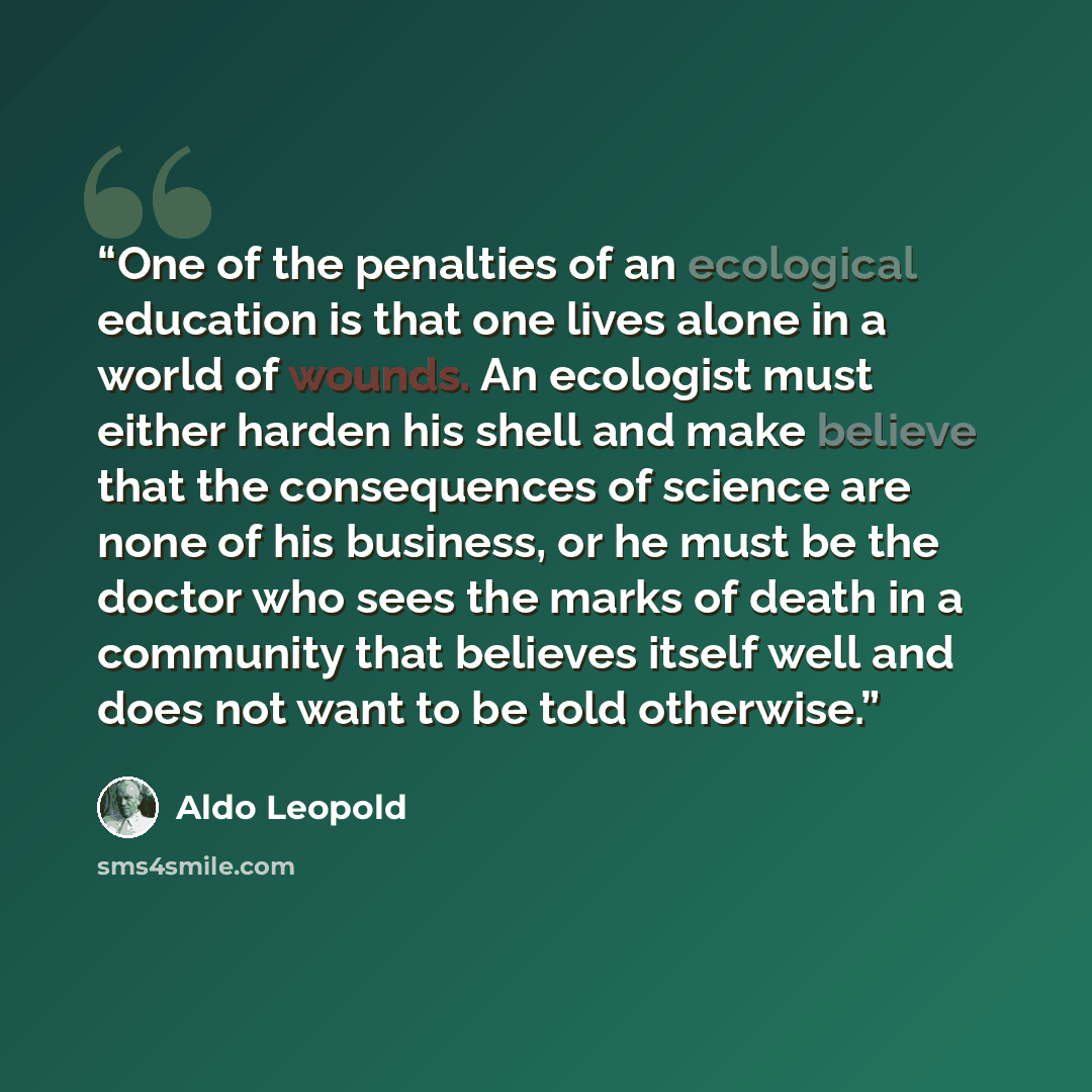 “One of the penalties of an ecological education is that one lives alone in a world of wounds. An ecologist must either harden his shell and make believe that the consequences of science are none of his business, or he must be the doctor who sees the marks of death in a community that believes…” quote by Aldo Leopold