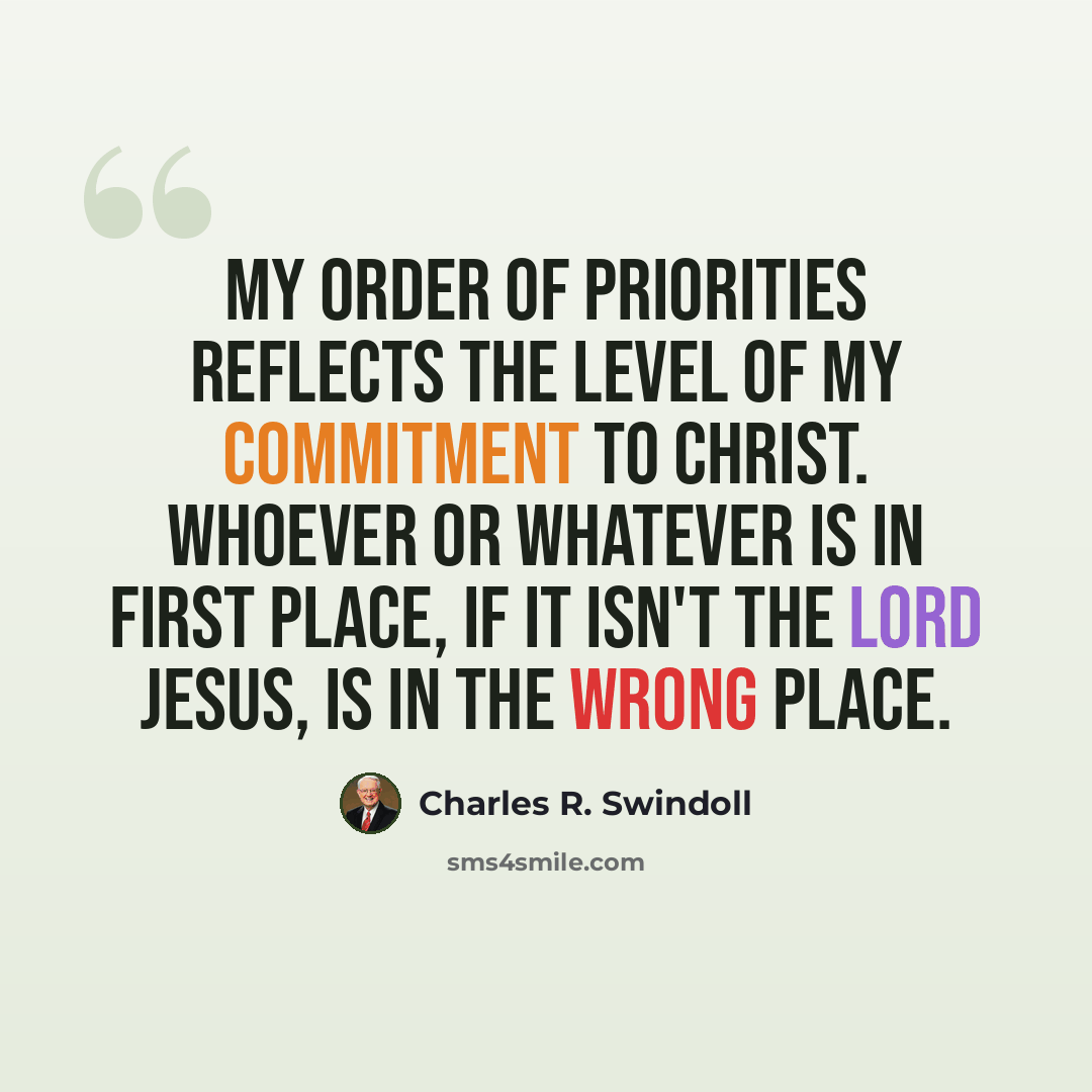 “My order of priorities reflects the level of my commitment to Christ. Whoever or whatever is in first place, if it isn't the Lord Jesus, is in the wrong place.” quote by Charles R. Swindoll