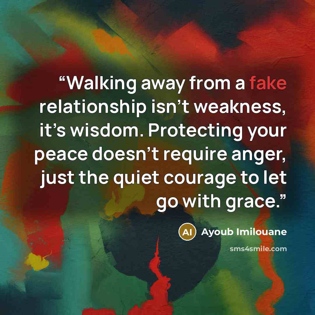 “Walking away from a fake relationship isn’t weakness, it’s wisdom. Protecting your peace doesn’t require anger, just the quiet courage to let go with grace.” quote by Ayoub Imilouane