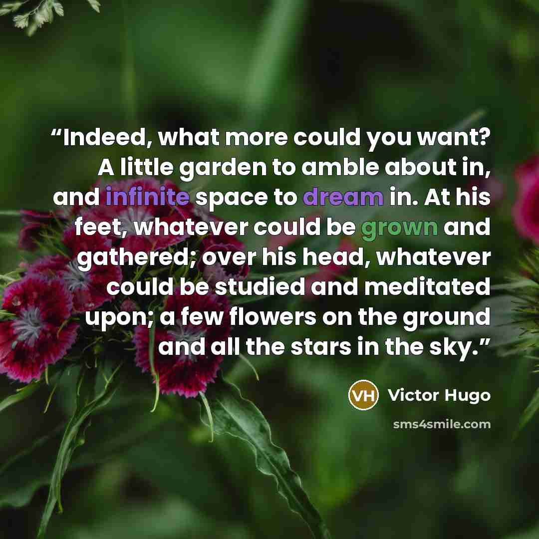“Indeed, what more could you want? A little garden to amble about in, and infinite space to dream in. At his feet, whatever could be grown and gathered; over his head, whatever could be studied and meditated upon; a few flowers on the ground and all the stars in the sky.” quote by Victor Hugo