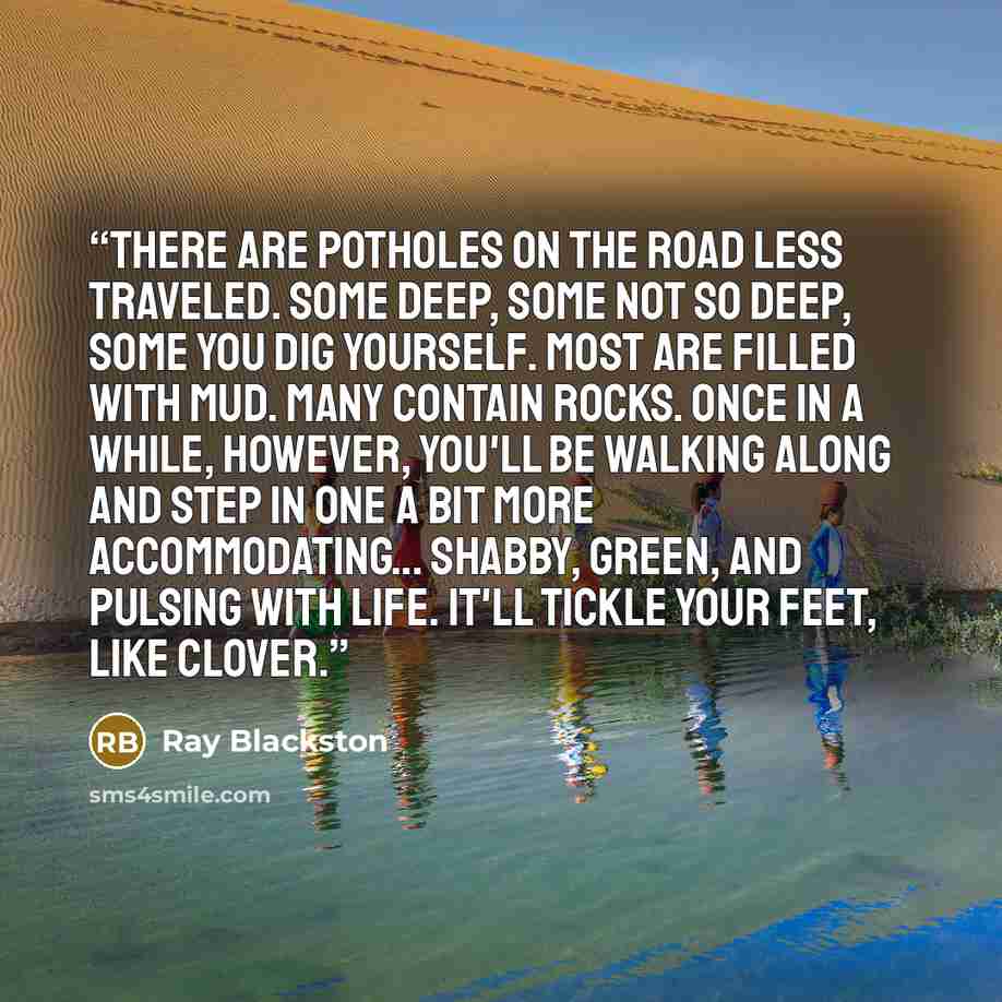 “There are potholes on the road less traveled. Some deep, some not so deep, some you dig yourself. Most are filled with mud. Many contain rocks. Once in a while, however, you'll be walking along and step in one a bit more accommodating... shabby, green, and pulsing with life. It'll tickle your…” quote by Ray Blackston