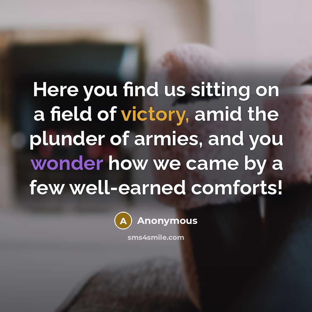 “Here you find us sitting on a field of victory, amid the plunder of armies, and you wonder how we came by a few well-earned comforts!” quote by Anonymous