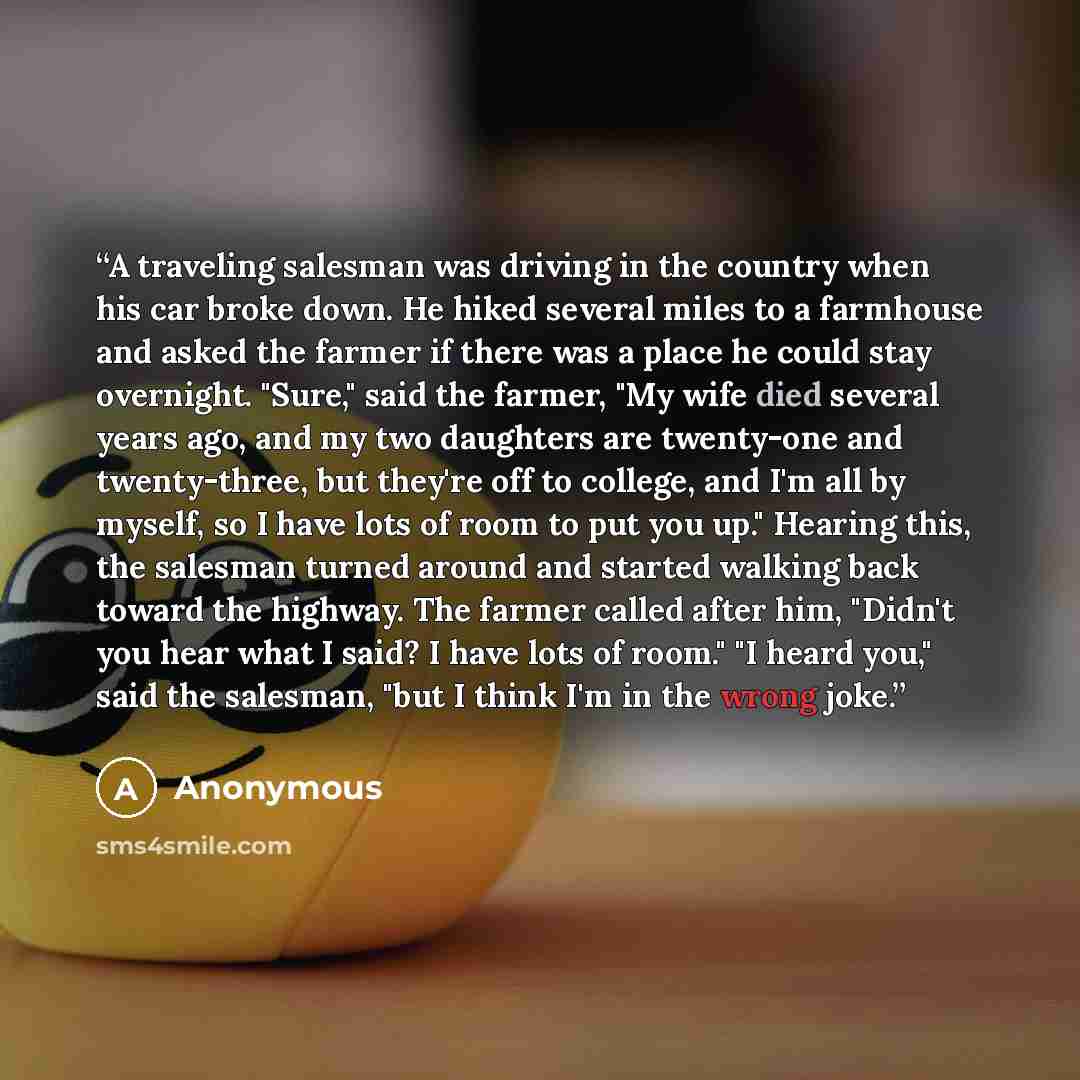 “A traveling salesman was driving in the country when his car broke down. He hiked several miles to a farmhouse and asked the farmer if there was a place he could stay overnight. "Sure," said the farmer, "My wife died several years ago, and my two daughters are twenty-one and twenty-three, but…” quote by Anonymous