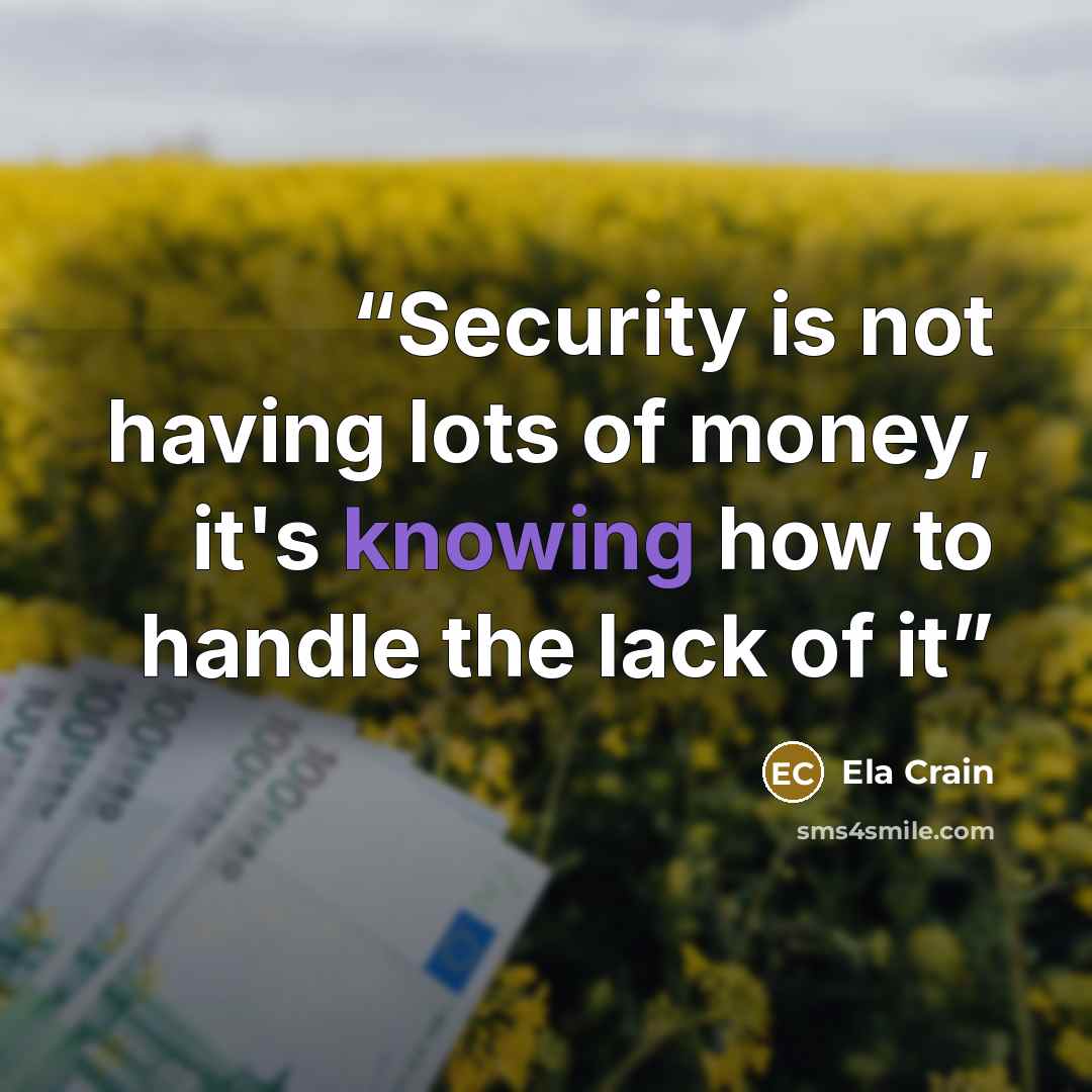 “Security is not having lots of money, it's knowing how to handle the lack of it” quote by Ela Crain