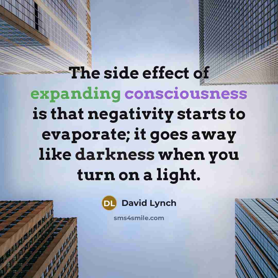 “The side effect of expanding consciousness is that negativity starts to evaporate; it goes away like darkness when you turn on a light.” quote by David Lynch