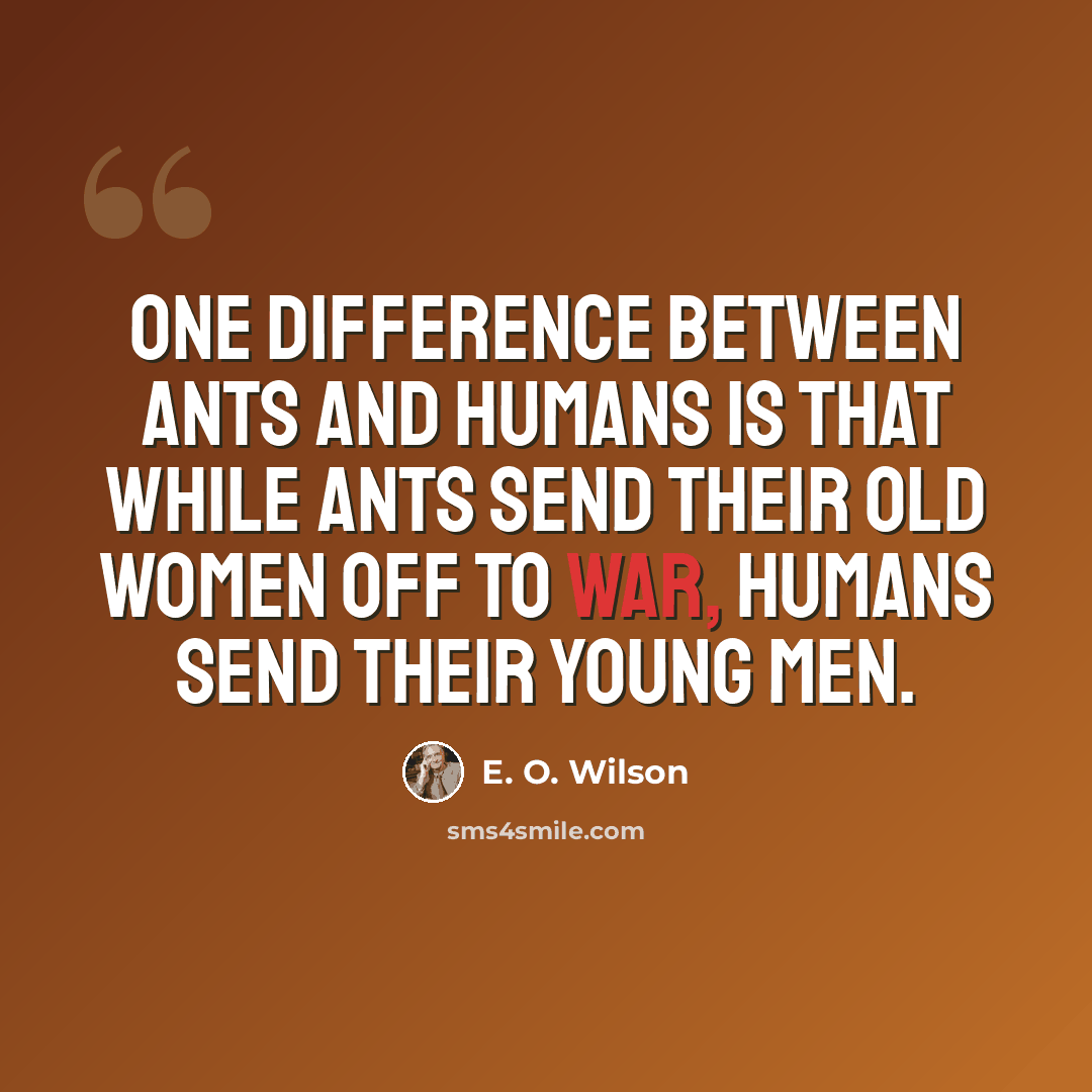 “One difference between ants and humans is that while ants send their old women off to war, humans send their young men.” quote by E. O. Wilson