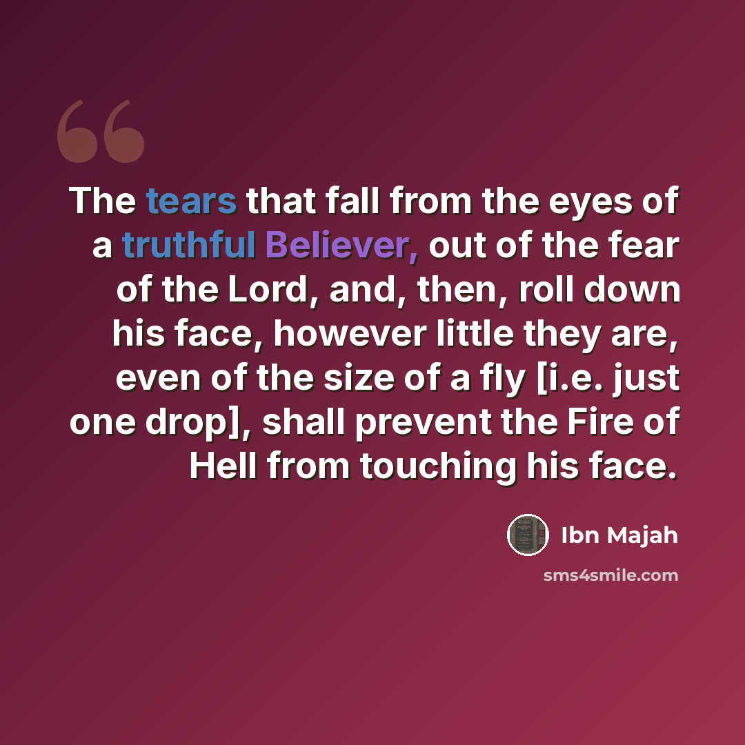 “The tears that fall from the eyes of a truthful Believer, out of the fear of the Lord, and, then, roll down his face, however little they are, even of the size of a fly [i.e. just one drop], shall prevent the Fire of Hell from touching his face.” quote by Ibn Majah