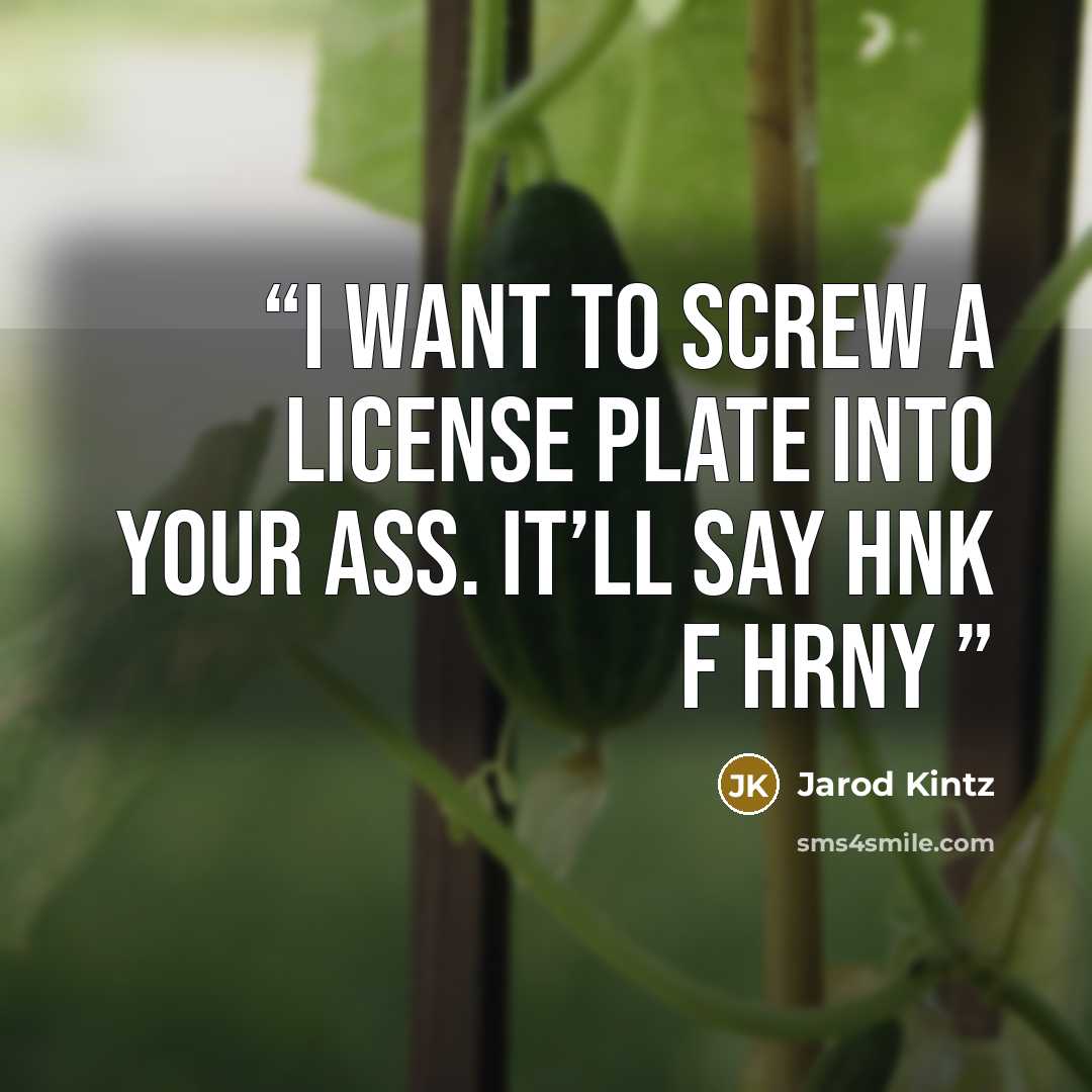 “I want to screw a license plate into your ass. It’ll say HNK F HRNY” quote by Jarod Kintz