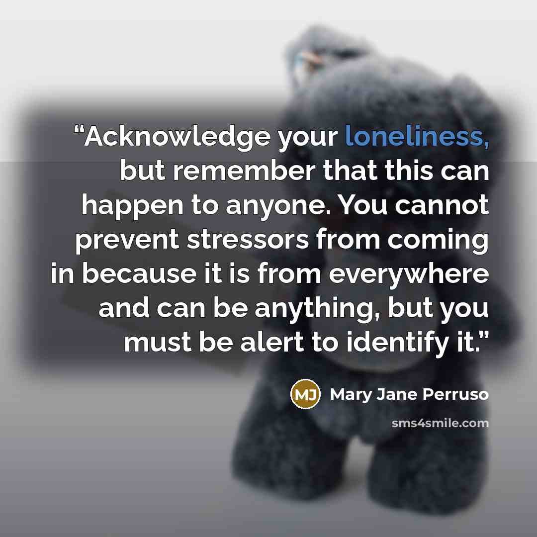 “Acknowledge your loneliness, but remember that this can happen to anyone. You cannot prevent stressors from coming in because it is from everywhere and can be anything, but you must be alert to identify it.” quote by Mary Jane Perruso