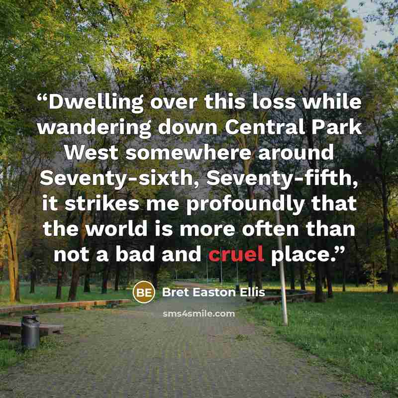 “Dwelling over this loss while wandering down Central Park West somewhere around Seventy-sixth, Seventy-fifth, it strikes me profoundly that the world is more often than not a bad and cruel place.” quote by Bret Easton Ellis