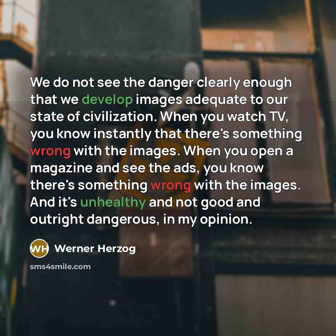 “We do not see the danger clearly enough that we develop images adequate to our state of civilization. When you watch TV, you know instantly that there's something wrong with the images. When you open a magazine and see the ads, you know there's something wrong with the images. And it's unhealthy…” quote by Werner Herzog