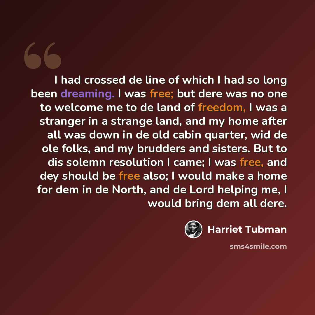 “I had crossed de line of which I had so long been dreaming. I was free; but dere was no one to welcome me to de land of freedom, I was a stranger in a strange land, and my home after all was down in de old cabin quarter, wid de ole folks, and my brudders and sisters. But to dis solemn resolution I…” quote by Harriet Tubman