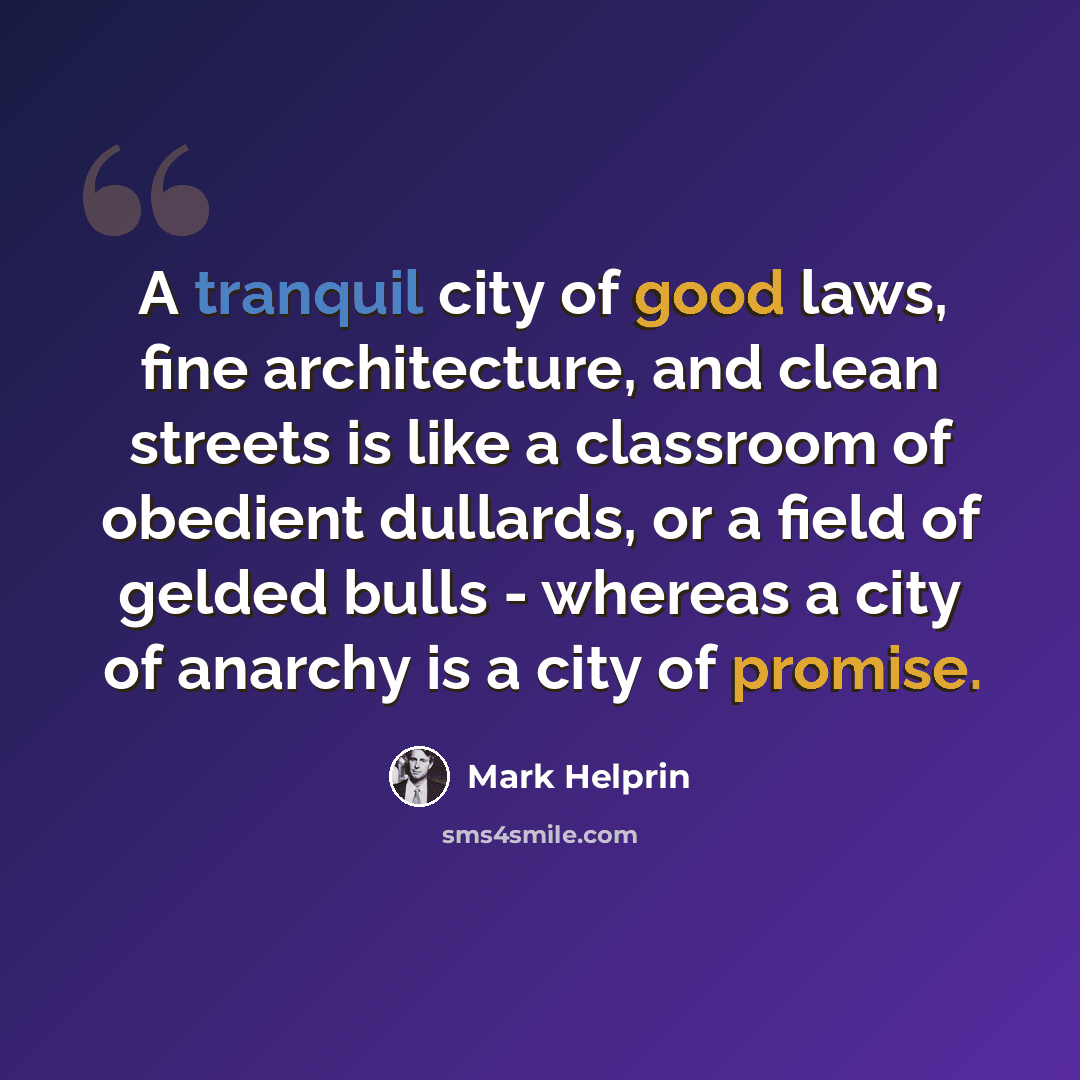“A tranquil city of good laws, fine architecture, and clean streets is like a classroom of obedient dullards, or a field of gelded bulls - whereas a city of anarchy is a city of promise.” quote by Mark Helprin