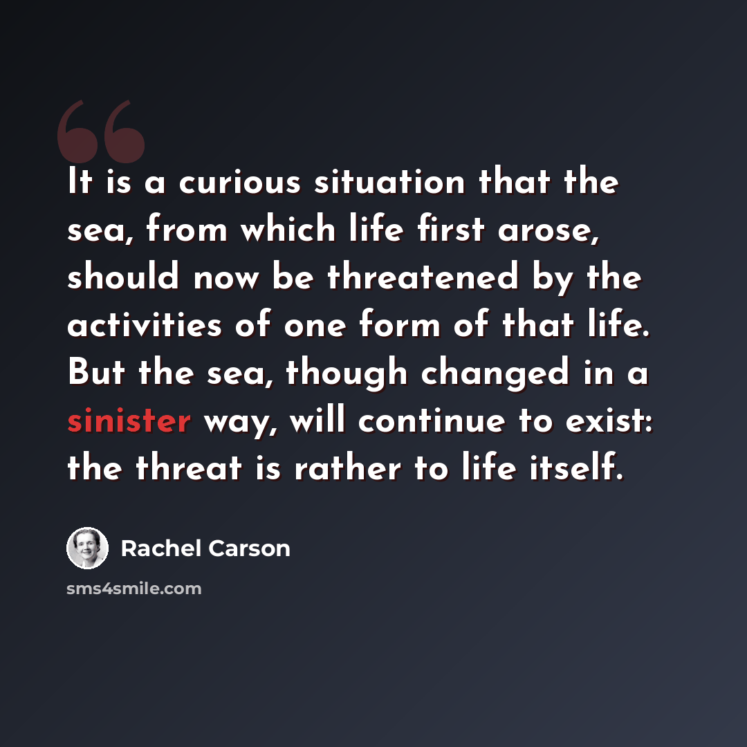 “It is a curious situation that the sea, from which life first arose, should now be threatened by the activities of one form of that life. But the sea, though changed in a sinister way, will continue to exist: the threat is rather to life itself.” quote by Rachel Carson