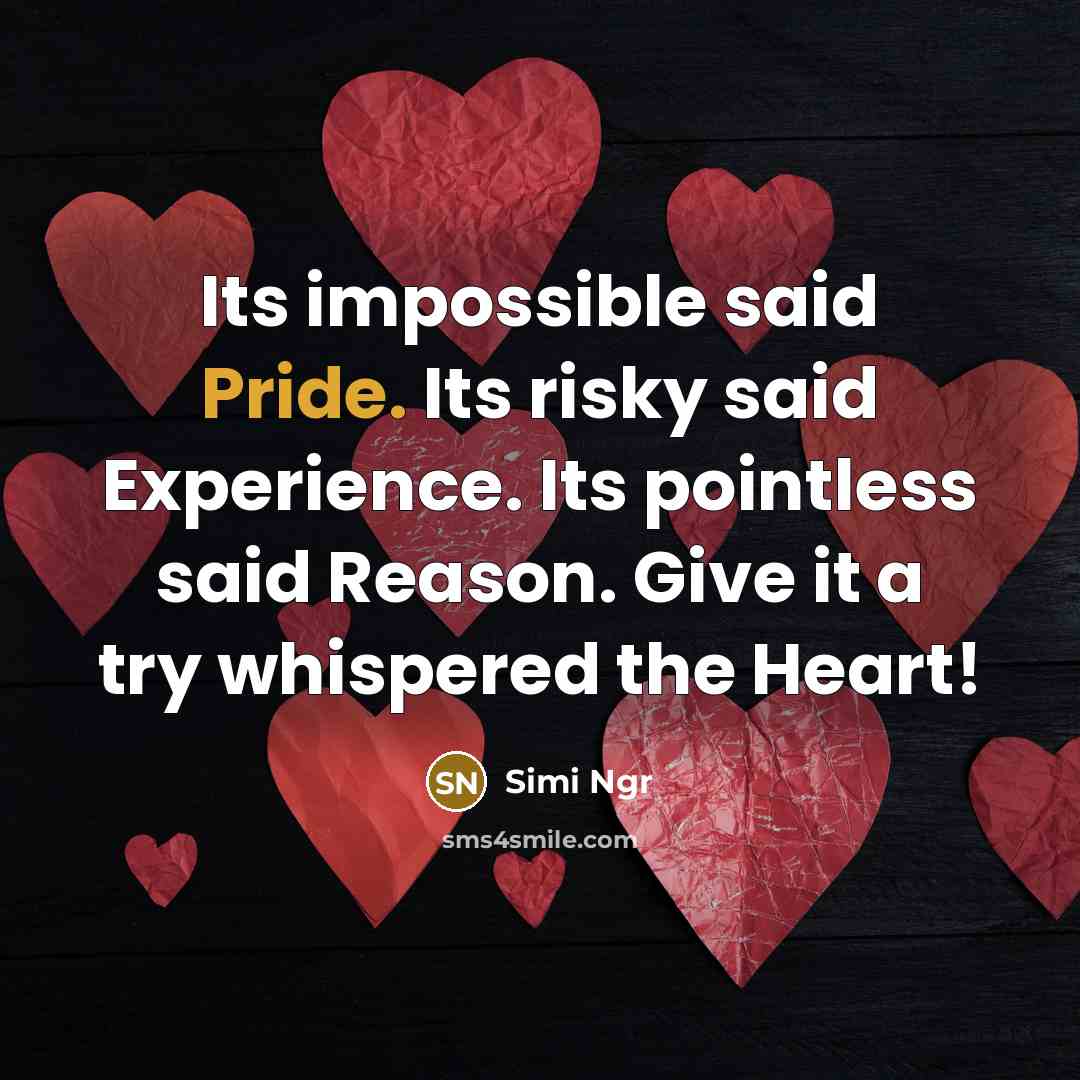 “Its impossible said Pride. Its risky said Experience. Its pointless said Reason. Give it a try whispered the Heart!” quote by Simi Ngr