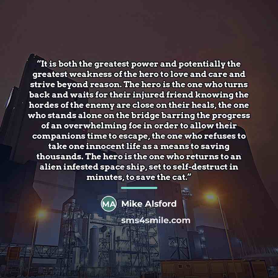 “It is both the greatest power and potentially the greatest weakness of the hero to love and care and strive beyond reason. The hero is the one who turns back and waits for their injured friend knowing the hordes of the enemy are close on their heals, the one who stands alone on the bridge barring…” quote by Mike Alsford