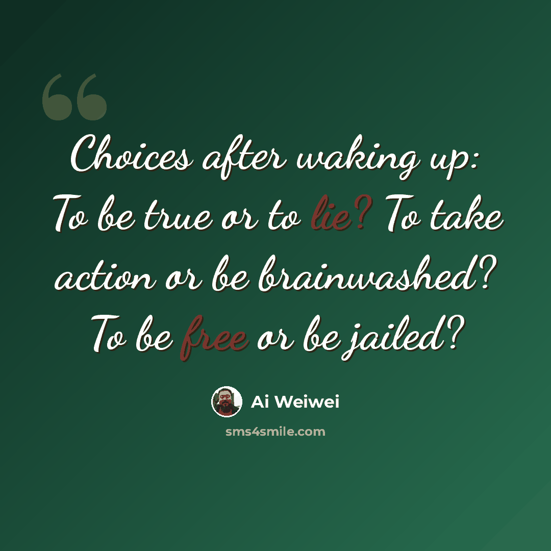 “Choices after waking up: To be true or to lie? To take action or be brainwashed? To be free or be jailed?” quote by Ai Weiwei